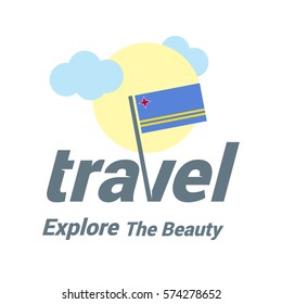 Aruba Travel Country Flag Logo. Explore the The Beauty lettering with Sun and Clouds and creative waving flag. travel company logo design - vector illustration