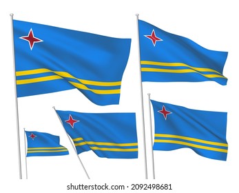 Aruba vector flags set. 5 different wavy fabric 3D flags fluttering on the wind. EPS 8 created using gradient meshes isolated on white background. Five design elements from world collection