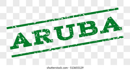 Aruba watermark stamp. Text tag between parallel lines with grunge design style. Rubber seal stamp with dust texture. Vector green color ink imprint on a chess transparent background.
