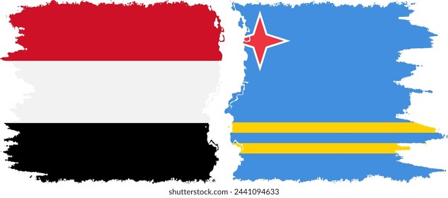 Aruba and Yemen grunge flags connection, vector