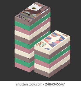 Aruban Florin Vector Illustration. Aruba, Netherlands money set bundle banknotes. Paper money 50, 100, 200, 500 AWG. Flat style. Isolated on white background. Simple minimal design.