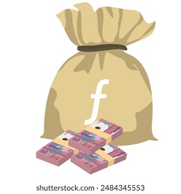 Aruban Florin Vector Illustration. Aruba, Netherlands money set bundle banknotes. Money bag 50 AWG. Flat style. Isolated on white background. Simple minimal design.