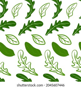 Arugula and basil leaves pattern on a white background. For use on textiles, packaging paper, souvenirs, printing, posters, postcards. Vector illustration.