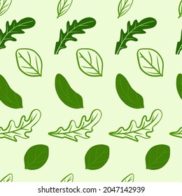 Arugula and basil leaves pattern on a light green background. For use on textiles, packaging paper, souvenirs, printing, posters, postcards. Vector illustration.