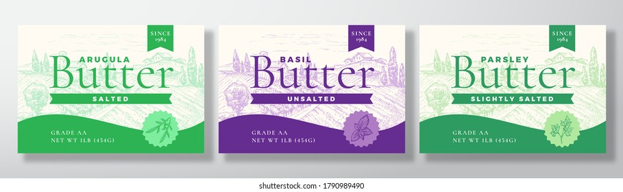 Arugula, Basil and Parsley Butter Dairy Labels Collection. Abstract Vector Packaging Design Layouts Set. Modern Typography Banners with Hand Drawn Herbs and Rural Landscape Background. Isolated.