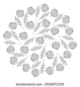Arugula leaves and Brussels sprouts in grayscale Healthy eating Circle decorative Background Texture