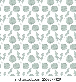 Arugula leaves and Brussels sprouts heads Seamless Pattern in monochrome green. Healthy eating fond