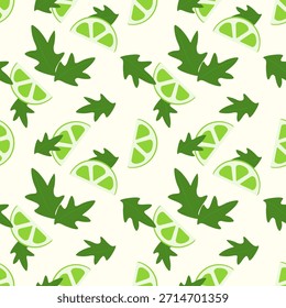 Arugula leaves and lime slices on beige background make healthy vegetarian pattern. Vector illustration