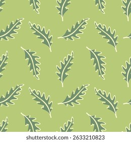 Arugula leaves pattern, leafy vegetables. Microgreen. On green background.