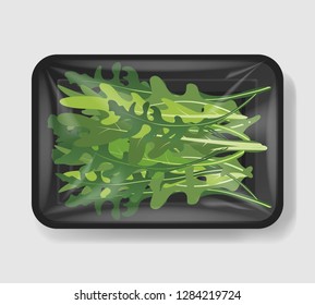 Arugula salad leaves with plastic tray container with cellophane cover. Mockup template for your design. Plastic food container. Vector illustration.