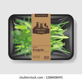 Arugula salad leaves with plastic tray container with cellophane cover. Retro design. Mockup template for your salad design. Plastic food container. Vector illustration.
