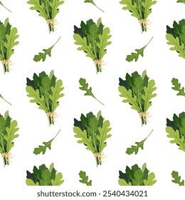 Patrón de arúgula sin costuras. Cocinar hierbas y especias, comida italiana y hierbas de aroma textura sin fin para el diseño de envoltura, ilustración plana de Vector dibujado a mano. Diseño de patrón transparente decorativo de arúgula.