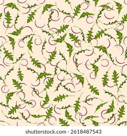 Arugula vector seamless pattern. Onion rings with arugula.