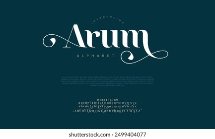 Arum swash luxury elegant alphabet letters and numbers. Vintage wedding typography classic serif font decorative vintage retro. creative vector illustration