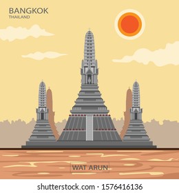 Arun Temple, or temple of dawn, is an important landmark in Bangkok, Thailand, with a large pagoda adorned with ceramics of many colors.