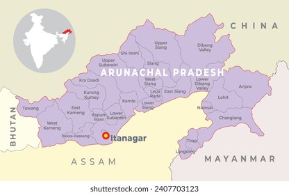 Mapa del localizador del distrito de Arunachal Pradesh con el estado vecino y el país