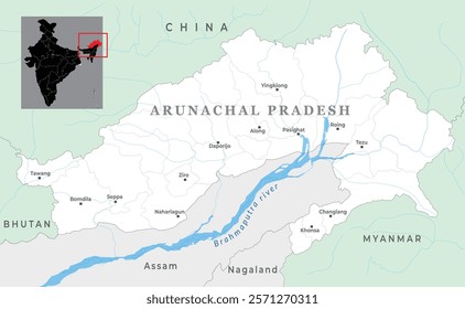 Arunachal Pradesh map showcasing its geography, borders, districts, major towns, natural landmarks, and capital Itanagar in Northeast India