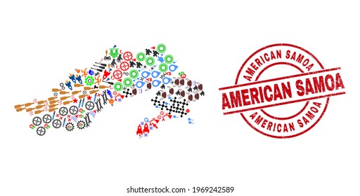 Arunachal Pradesh State map collage and scratched American Samoa red round watermark. American Samoa badge uses vector lines and arcs. Arunachal Pradesh State map collage includes gears, homes,