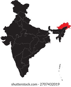 Estado de Arunachal Pradesh en el mapa de India Vector Editable