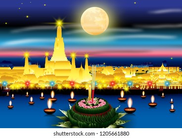 Arunratchawararam Temple Loy Kratong River Chao Phraya Arunratchawararam Temple Full moon background