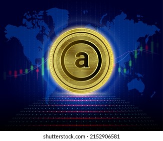 Arweave (AR) coin. 3D Vector illustration. Cryptocurrency blockchain (crypto currency) Future digital replacement technology. Silver golden virtual currency growth share chart is background. svg