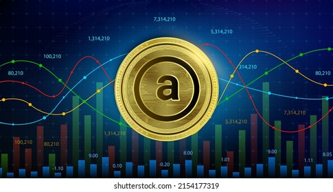 Arweave (AR) coin Cryptocurrency blockchain. Future digital currency replacement technology alternative currency, Silver golden stock chart number up down is background. 3D Vector illustration. svg