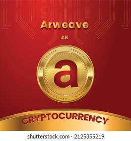 Arweave (AR) Token Cryptocurrency on red and gold coin background with blockchain technology innovation concept, vector illustration. svg