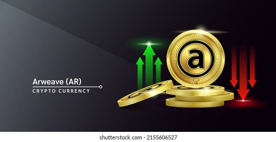 Cartel de criptodivisa de arweave. Futura moneda en el mercado bursátil de blockchain con flechas rojas-verdes arriba y abajo. Monedas de oro cripto monedas. Cartel de noticias de fondo negro. Vector 3D.