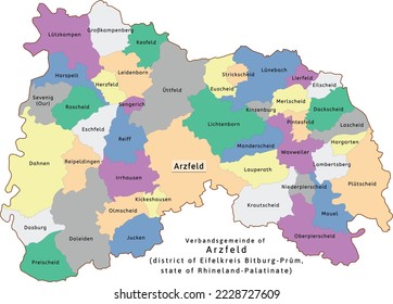 Arzfeld verbandsgemeinde map of Eifelkreis Bitburg-Prüm district Rhineland-Palatinate state in Germany. Vectored. Colors shamrock, concrete, polo blue, drover, orchid, silver, caramel