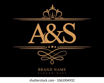 A&S Initial logo, Ampersand initial logo gold with crown and classic pattern