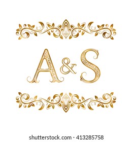 A&S vintage initials logo symbol. Letters A, S, ampersand surrounded floral ornament. Wedding or business partners initials monogram in royal style.