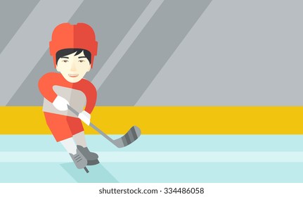 An asain ice-hockey player skating with a stick at the rink vector flat design illustration. Horizontal layout with a text space for a social media post.