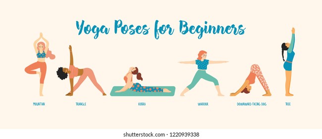 Asana Poses for Beginners. Hand drawn vector illustration of women. Trendy flat style in soft pastel colors. Isolated elements, great for concept & editorial design, pattern making, stickers, etc.