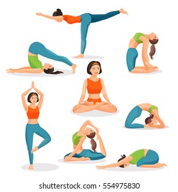 Asana yoga collection of girls doing sport in oriental poses and with female person in lotos posture in centre. Vector poster of useful for human health meditating and exercising pictures on white