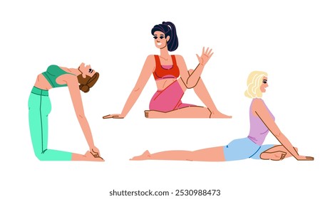 asana yoga exercises vector. vinyasa hatha, pranayama meditation, balance strength asana yoga exercises character. people flat cartoon illustration