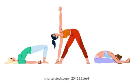 asana yoga exercises vector. vinyasa hatha, pranayama meditation, balance strength asana yoga exercises character. people flat cartoon illustration