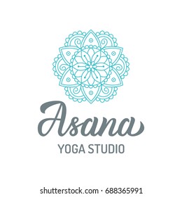 Asana. Yoga studio logo with mandala isolated on white background. Hand lettering elements. Vector illustration.