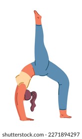 Asanas and flexibility poses, isolated woman in sport suit doing yoga exercises. Keeping fit and healthy lifestyle, a female character on fitness, gym or center for yogi. Vector in flat style