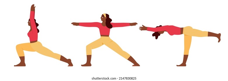 Asanas-Set, Krieger-Pose 1, 2, 3. Afroamerikanerin, die Yoga praktiziert.