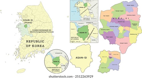 Asan-si (Asan) location on Chungcheongnam-do (South Chungcheong Province) and Republic of Korea (South Korea) map. Colored. Vectored