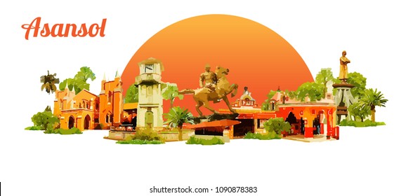 ASANSOL city colored watercolor painting illustration