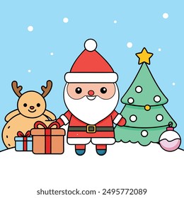 ASanta Claus with Rosy Cheeks and Sack of Presents Cartoon Vector Illustration