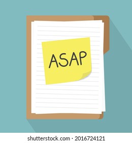 ASAP (As Soon As Possible) written on yellow sticky note on file folder with documents - vector illustration