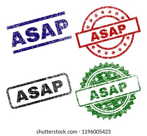 ASAP seal prints with corroded texture. Black, green,red,blue vector rubber prints of ASAP tag with corroded texture. Rubber seals with circle, rectangle, medal shapes.