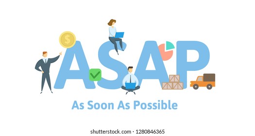 ASAP, as soon as possible. Concept with keywords, letters and icons. Colored flat vector illustration. Isolated on white background.