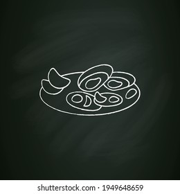  Asari clams chalk icon.Fried in butter clams on plate. Traditional dish.Spring Japanese food concept. Isolated vector illustration on chalkboard