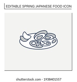  Asari clams line icon.Fried in butter clams on plate. Traditional dish.Spring Japanese food concept. Isolated vector illustration.Editable stroke