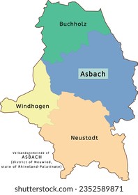 Asbach verbandsgemeinde map of Neuwied district Rhineland-Palatinate state in Germany. Vectored. Retro colors