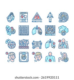 Asbestos Material Problem doodle icons set vector. Asbestos Removal Service Protection, Lung Abdominal Pain Mesothelioma Health Disease, Painful Coughing Symptom  sketch hand drawn