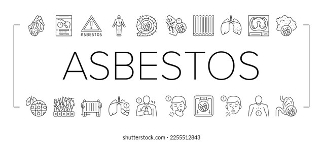 Asbestos Material And Problem Icons Set Vector. Asbestos Removal Service And Protection, Lung And Abdominal Pain Mesothelioma Health Disease, Painful Coughing Symptom Black Contour Illustrations